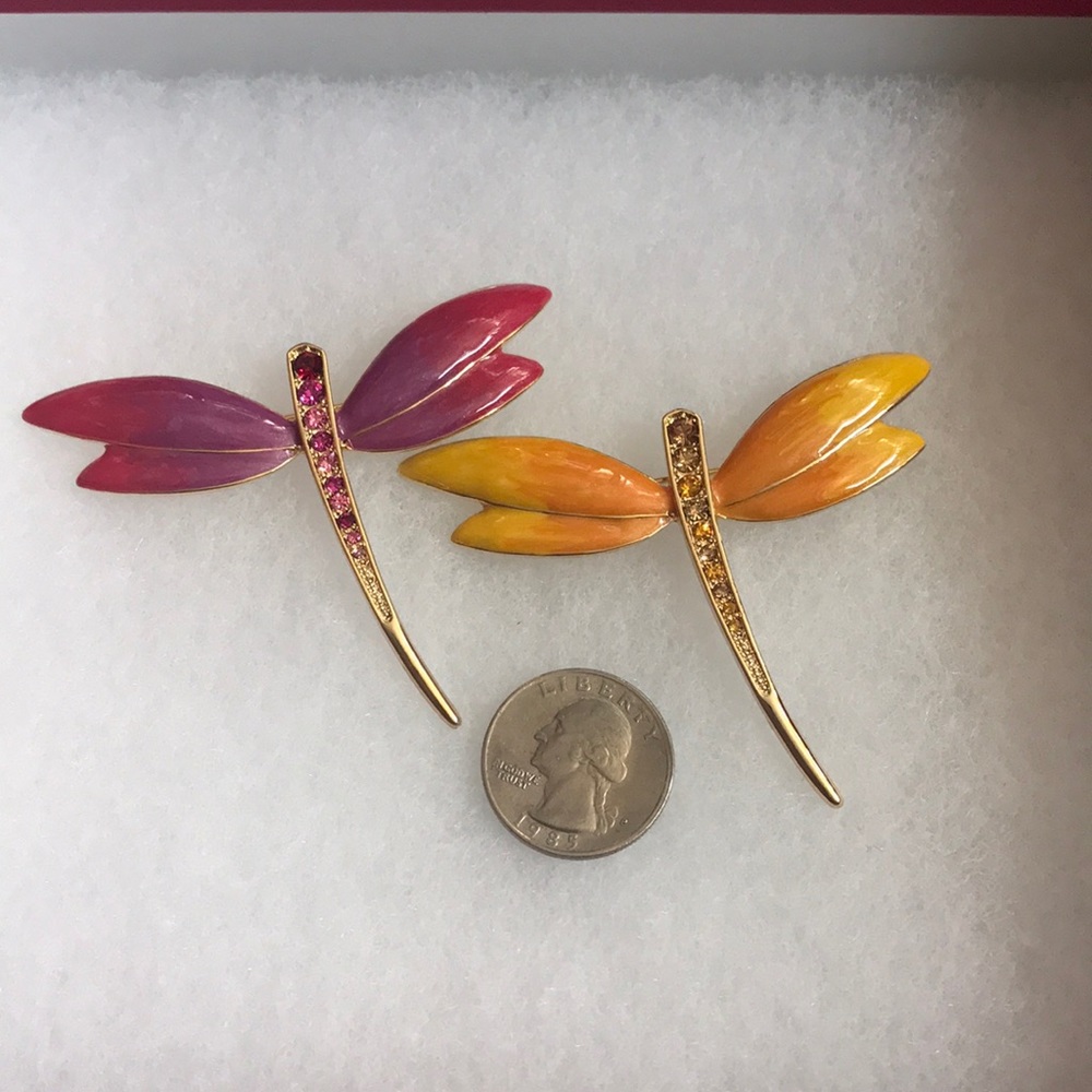 2 Dragonfly Enamel Rhinestone / Crystal Brooches